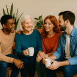 Groupe de personnes souriantes discutant autour d’un café pendant Le Temps des Aidants, moment convivial dédié au partage et à la sensibilisation au handicap.