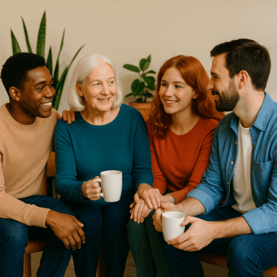 Groupe de personnes souriantes discutant autour d’un café pendant Le Temps des Aidants, moment convivial dédié au partage et à la sensibilisation au handicap.