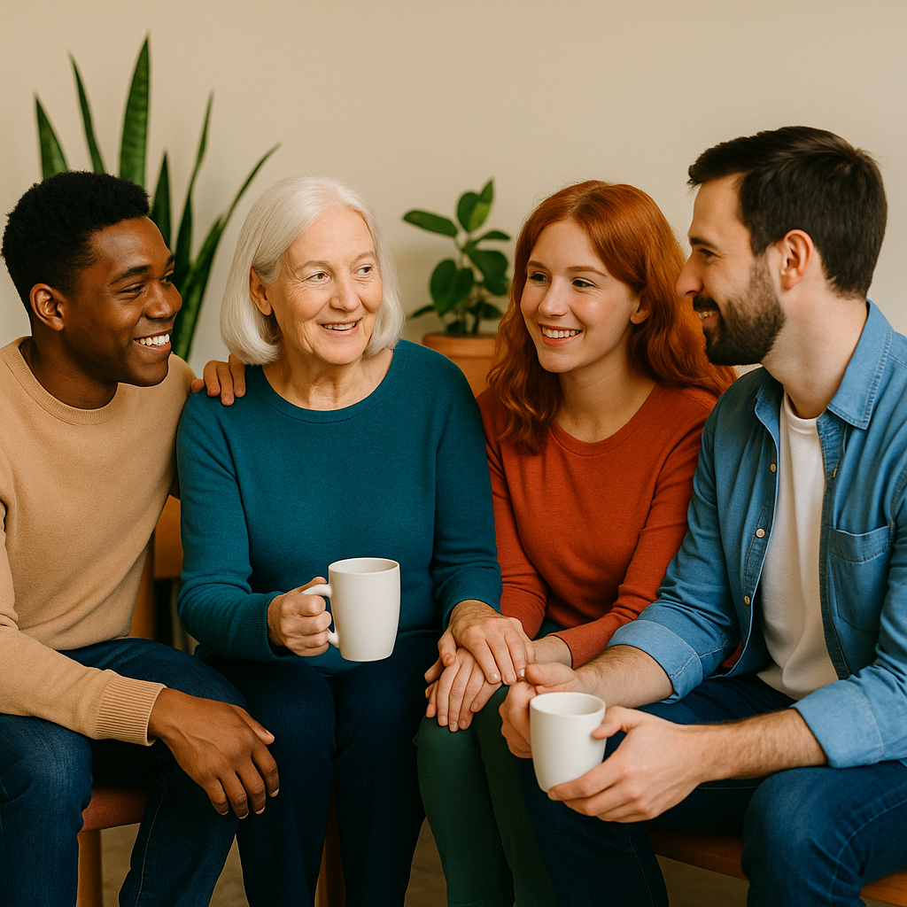 Groupe de personnes souriantes discutant autour d’un café pendant Le Temps des Aidants, moment convivial dédié au partage et à la sensibilisation au handicap.